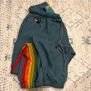 Aviator Nation Teal Joggers with Rainbow Stripes